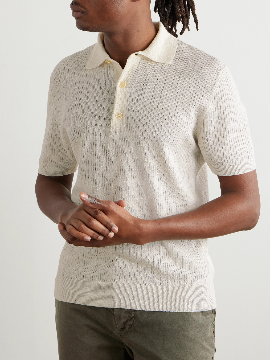 Shop Barena Venezia Marco Slim-fit Ribbed Linen And Cotton-blend Polo Shirt In Neutrals