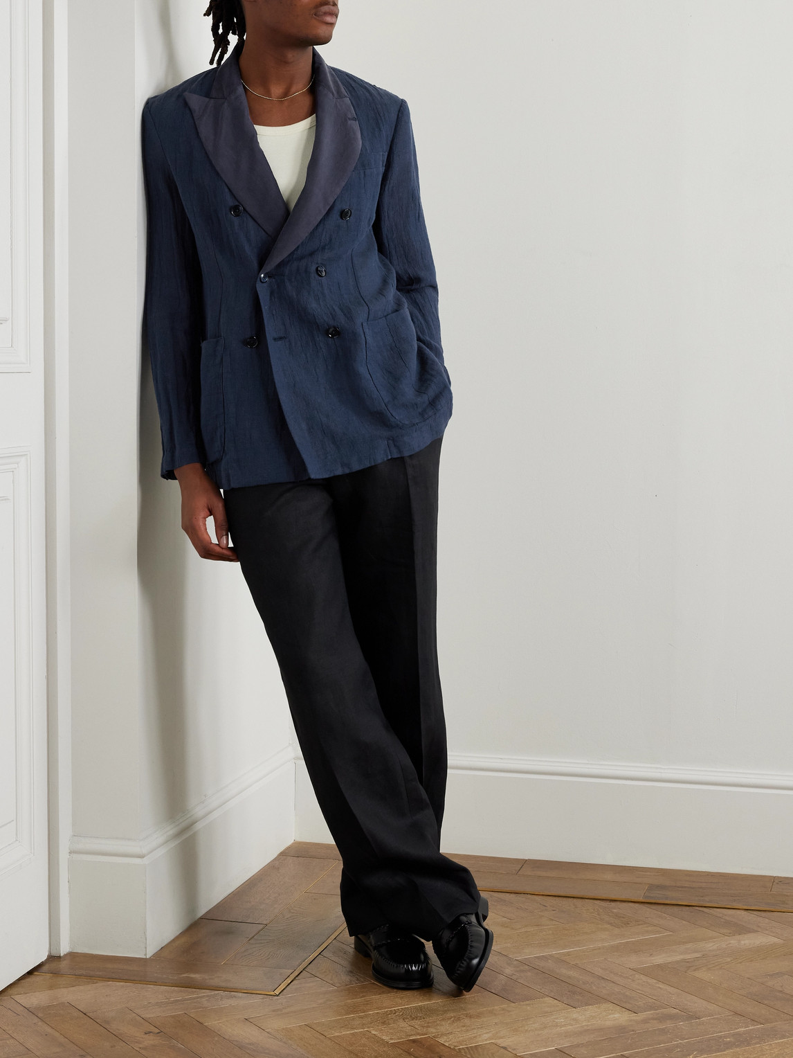 BARENA VENEZIA SIROCO DOUBLE-BREASTED SILK-TRIMMED LINEN AND COTTON-BLEND BLAZER