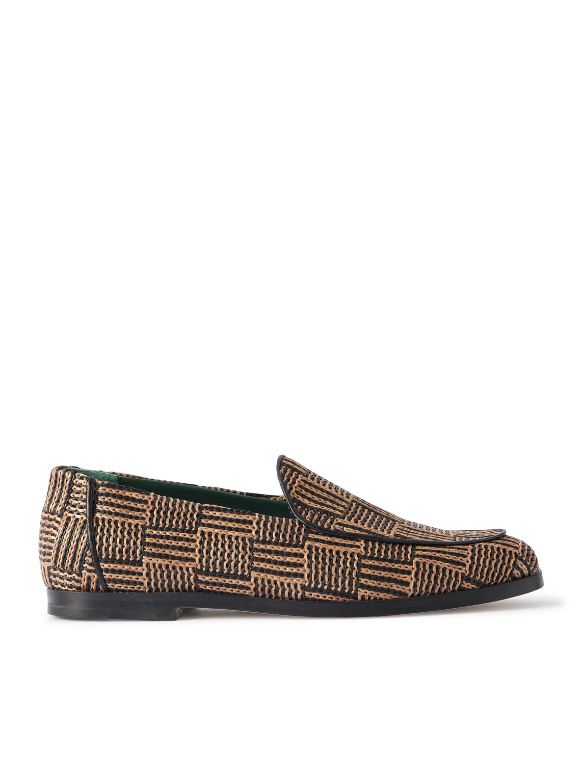 Belgee Leather-Trimmed Checked Raffia Loafers