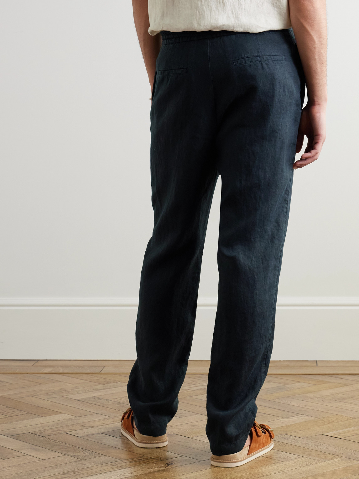 Canali Tapered Linen Drawstring Trousers In Blue