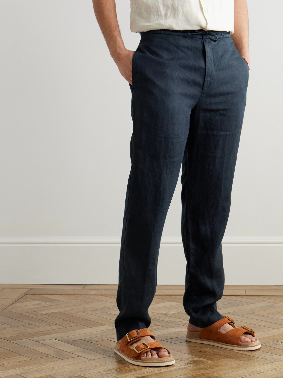 Canali Tapered Linen Drawstring Trousers In Blue