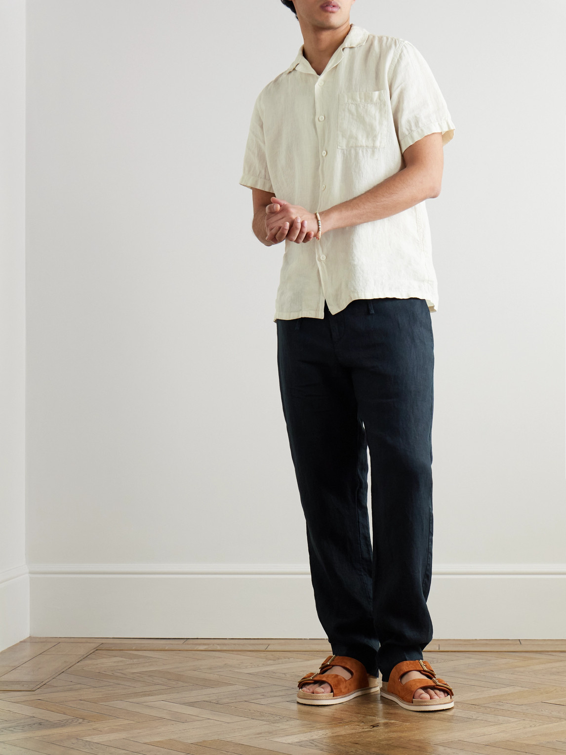 Canali Tapered Linen Drawstring Trousers In Blue