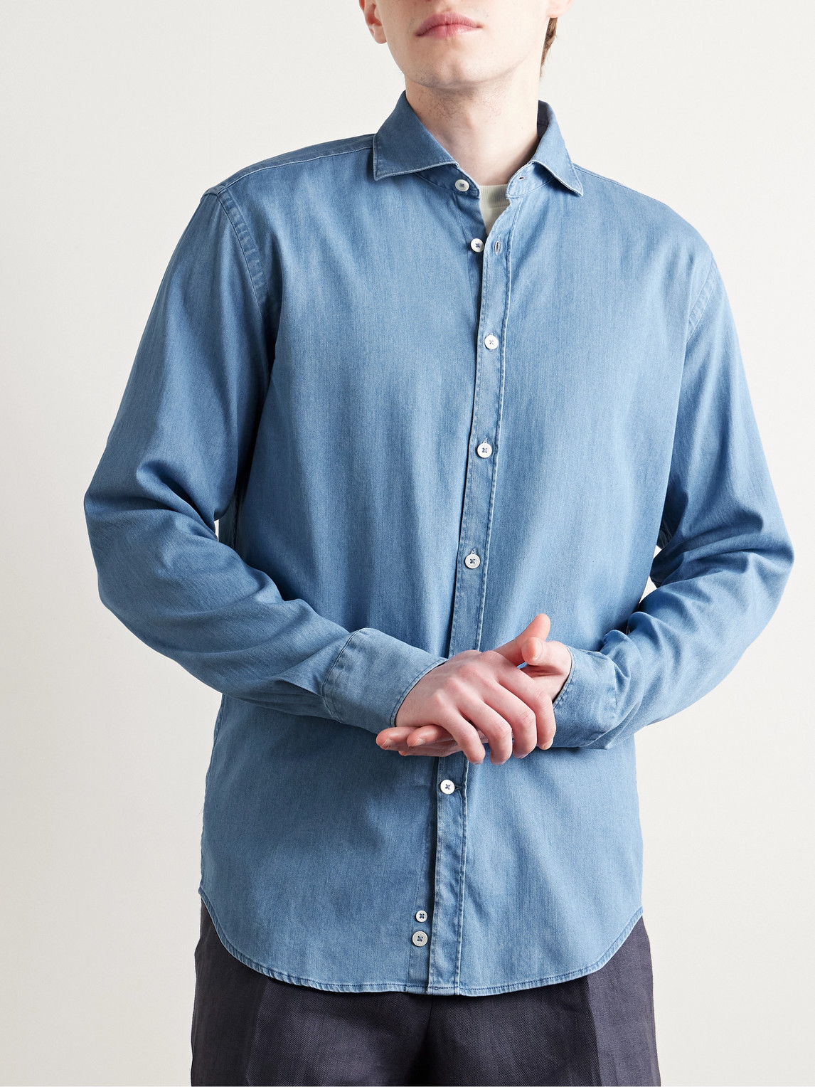 Canali Spread-collar Cotton-chambray Shirt In Blue