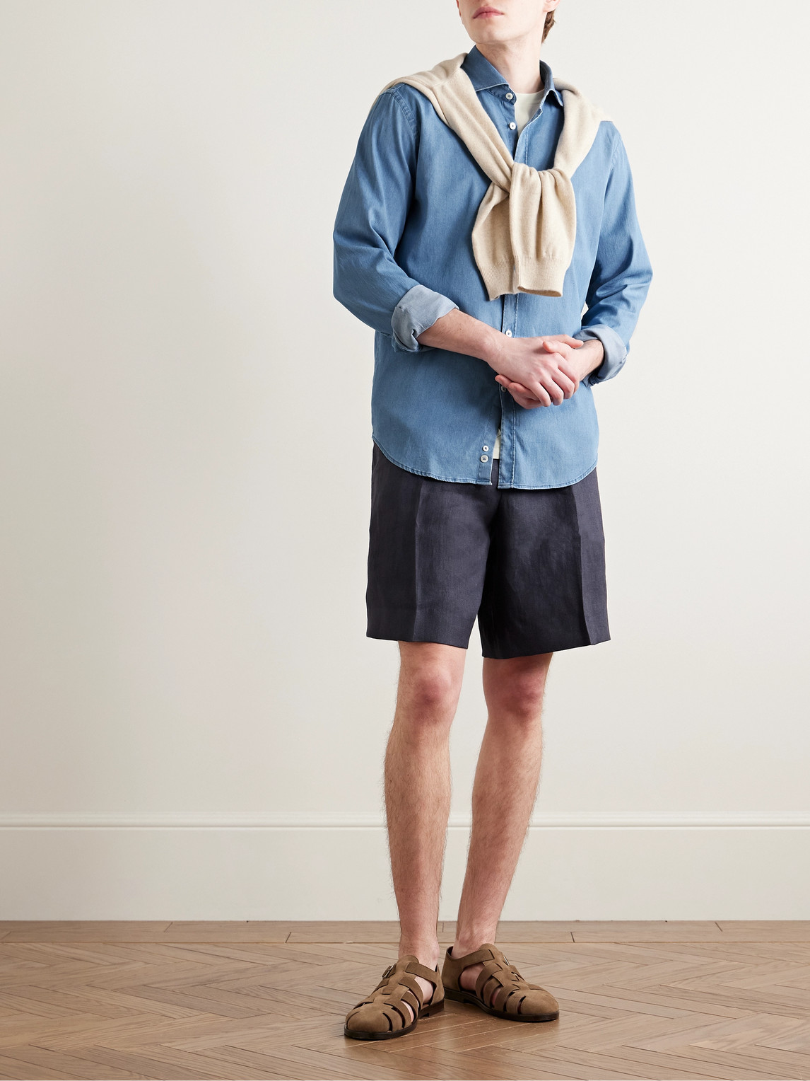 Canali Spread-collar Cotton-chambray Shirt In Blue