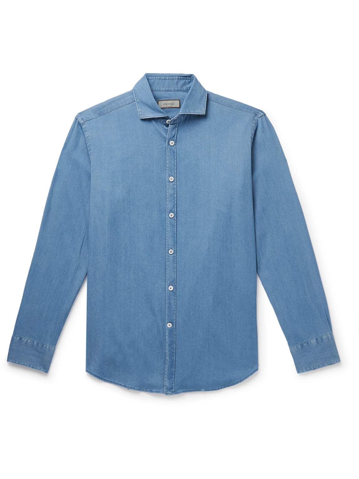 Canali Spread-collar Cotton-chambray Shirt In Blue