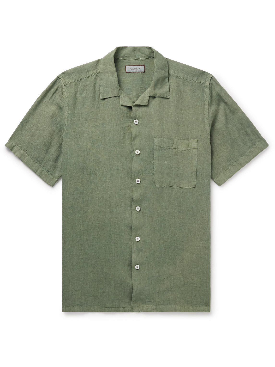 Canali Camp-collar Garment-dyed Linen Shirt In Green