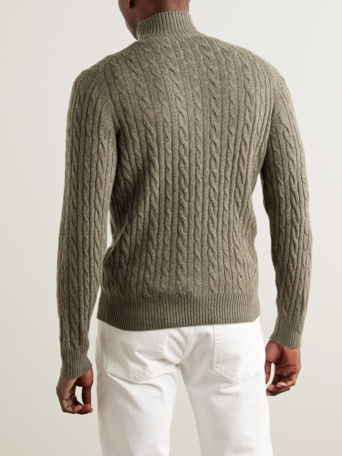 Loro Piana Slim-fit Suede-trimmed Cable-knit Baby Cashmere Half-zip Sweater In Green