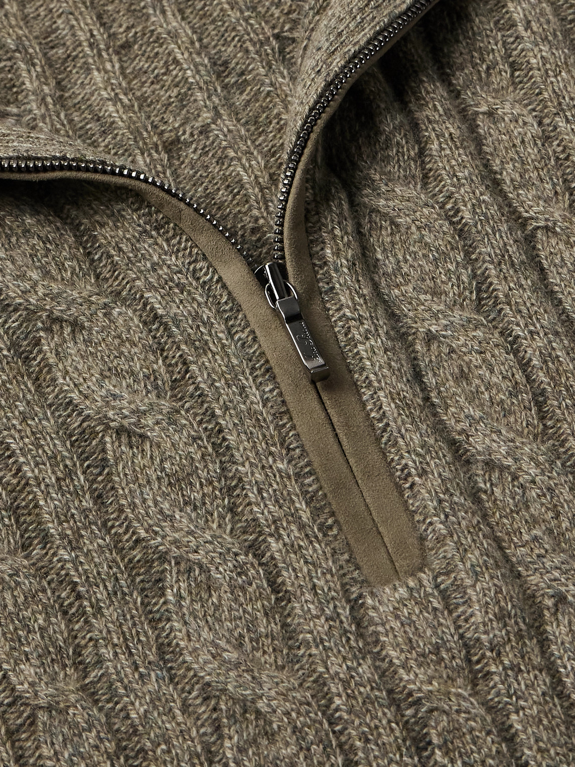 Loro Piana Slim-fit Suede-trimmed Cable-knit Baby Cashmere Half-zip Sweater In Green