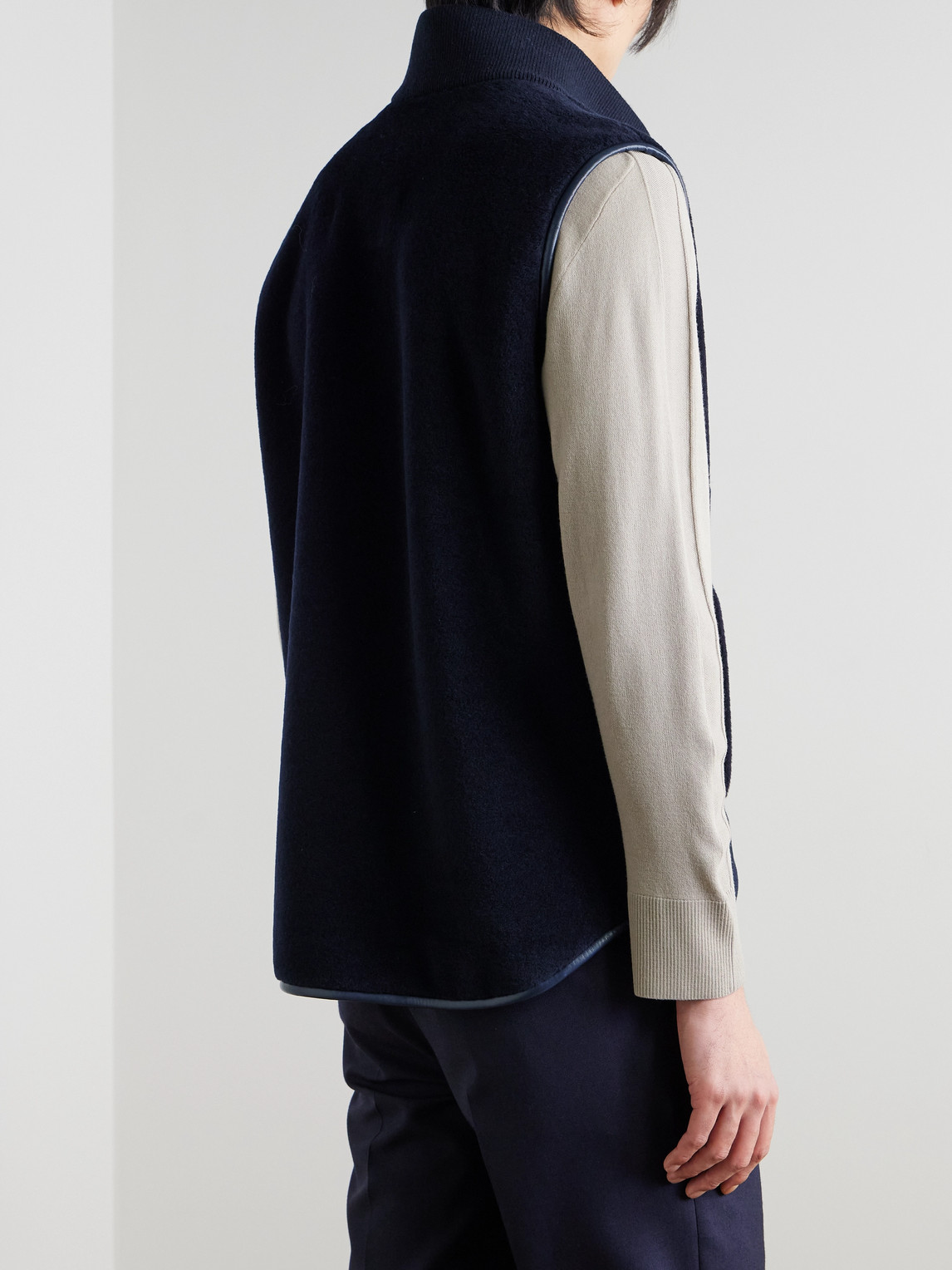 Loro Piana Ennio Leather-trimmed Wool And Silk-blend Fleece Gilet In Blue