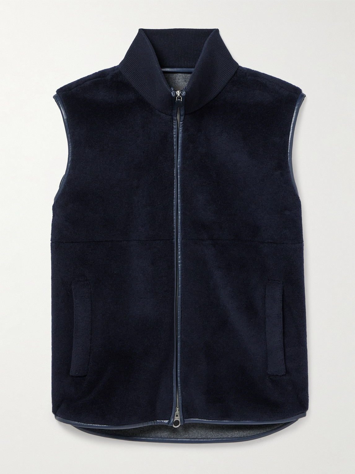 Loro Piana Ennio Leather-trimmed Wool And Silk-blend Fleece Gilet In Blue