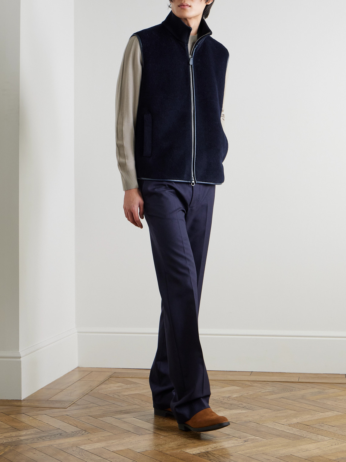 Loro Piana Ennio Leather-trimmed Wool And Silk-blend Fleece Gilet In Blue