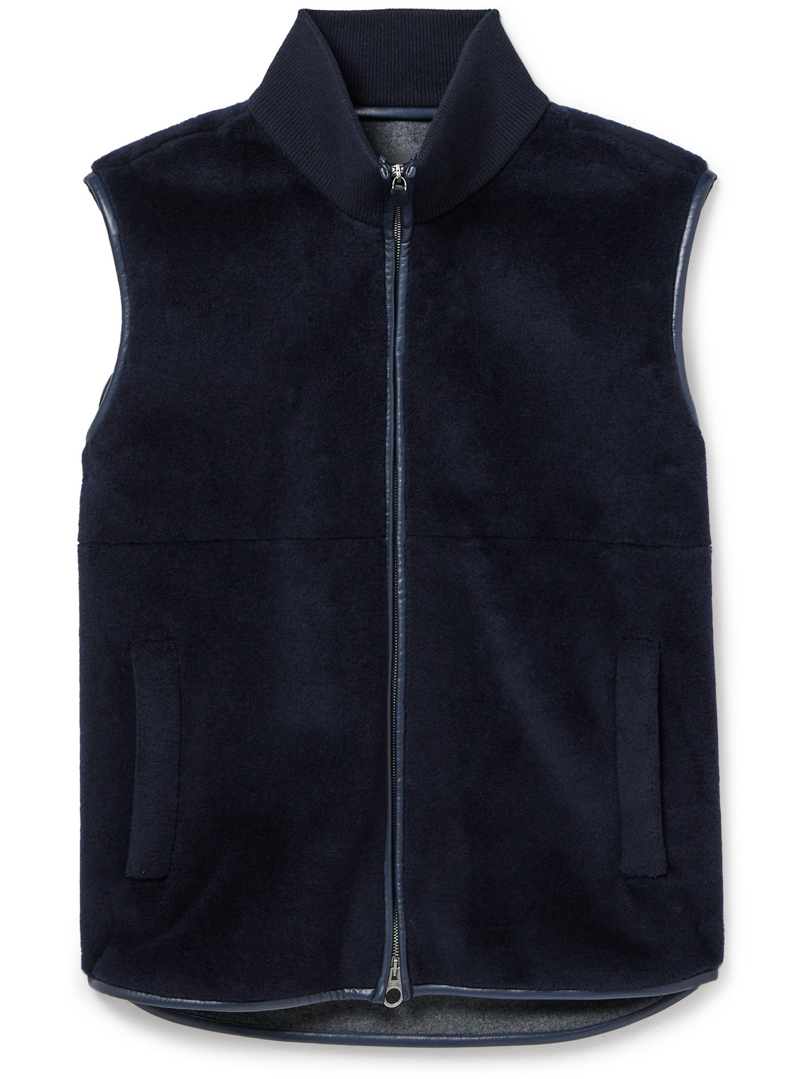 Loro Piana Ennio Leather-trimmed Wool And Silk-blend Fleece Gilet In Blue