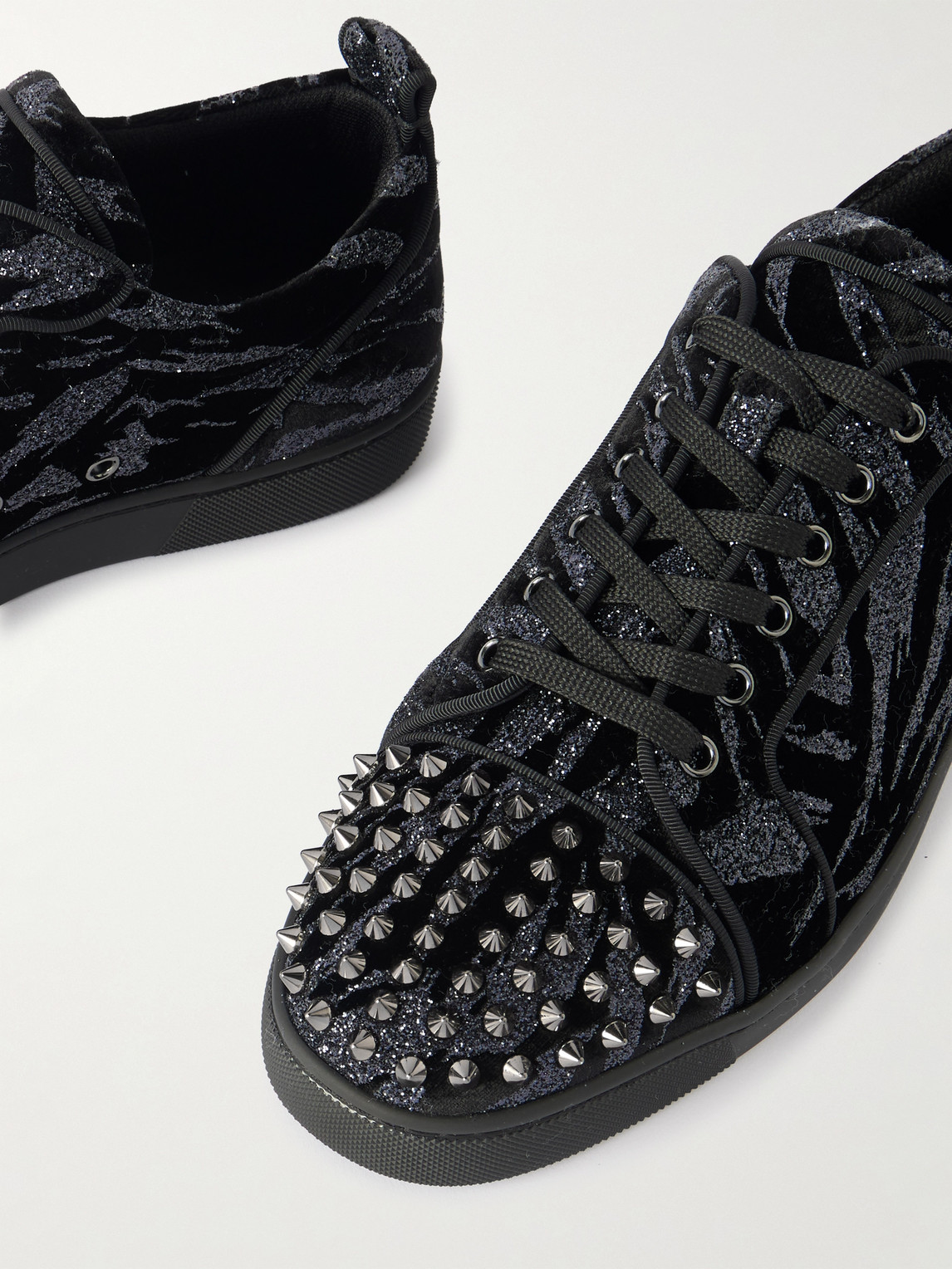 Christian Louboutin Louis Junior Spikes Studded Glittered Velour Sneakers