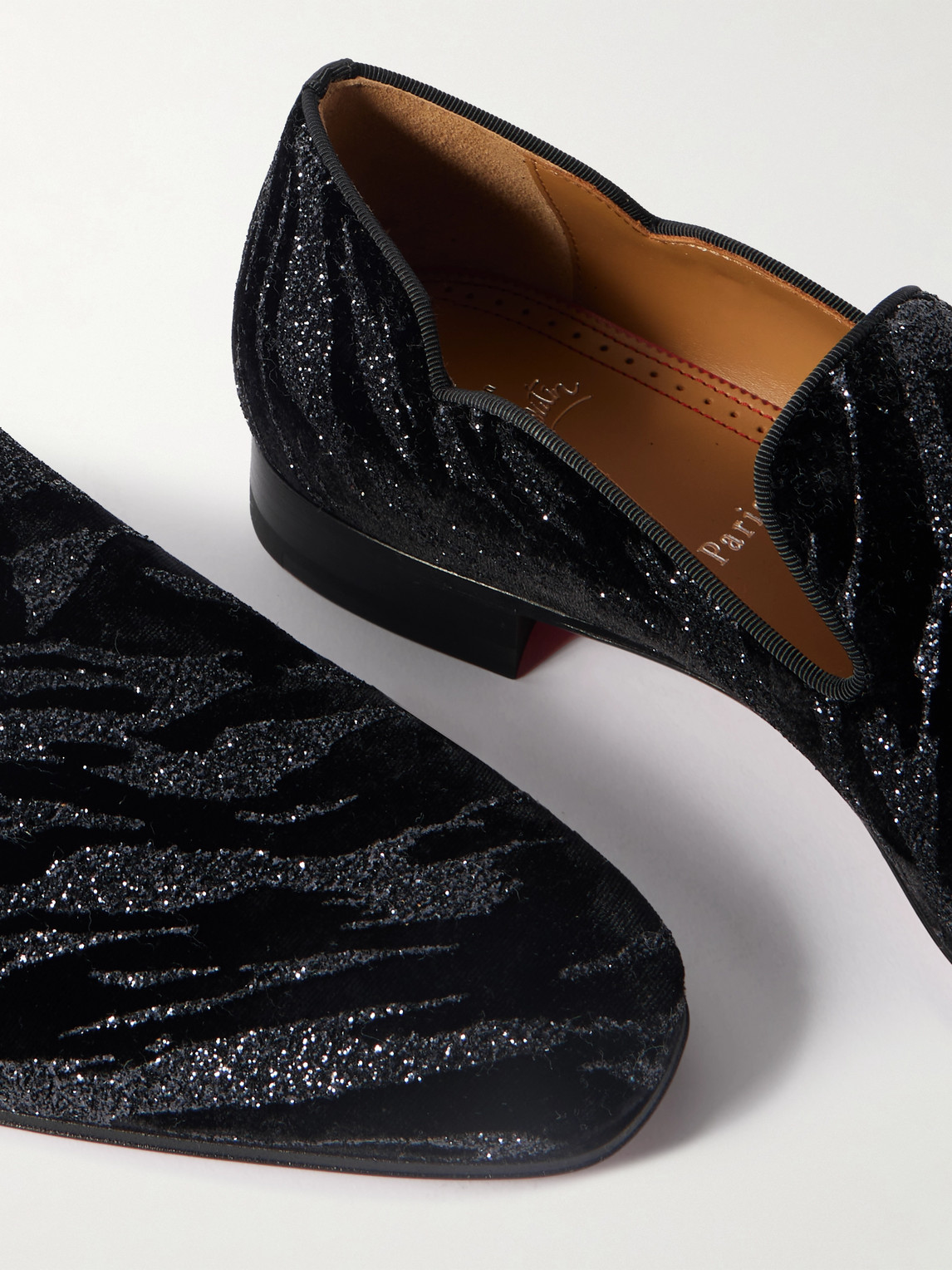 Christian Louboutin Dandy Chick Grosgrain-trimmed Embellished Velour Loafers In Black