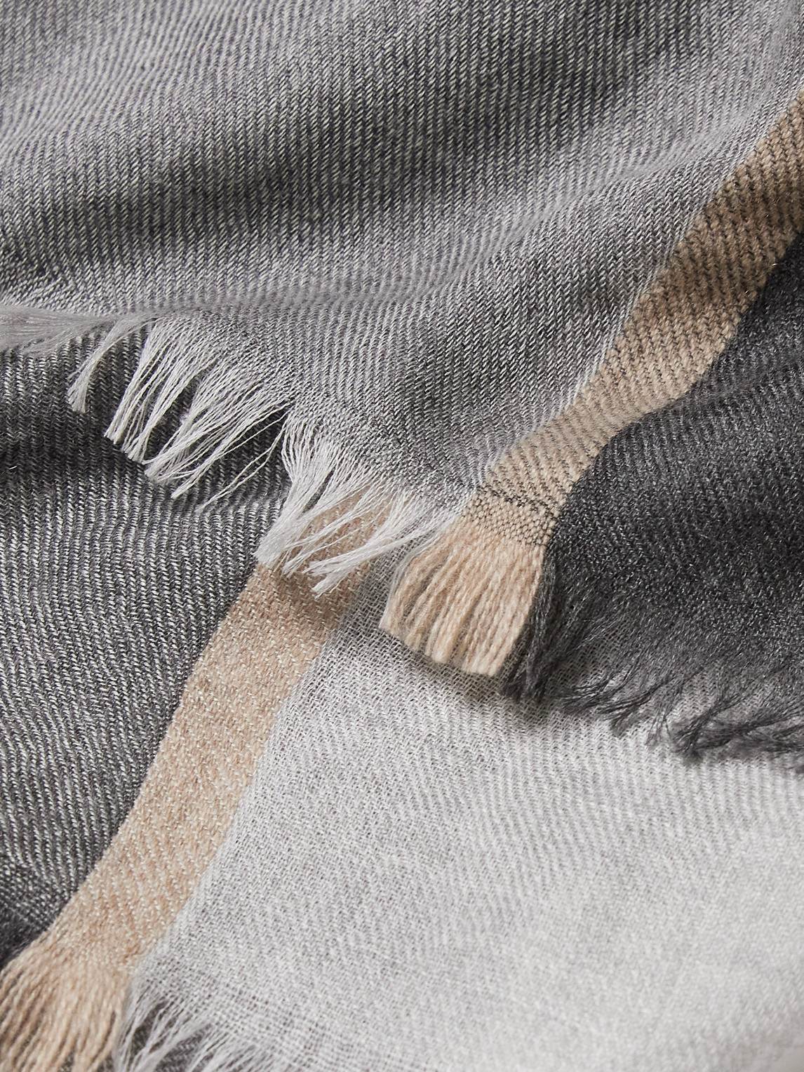 Brunello Cucinelli Fringed Striped Cashmere And Silk-blend Scarf In Gray