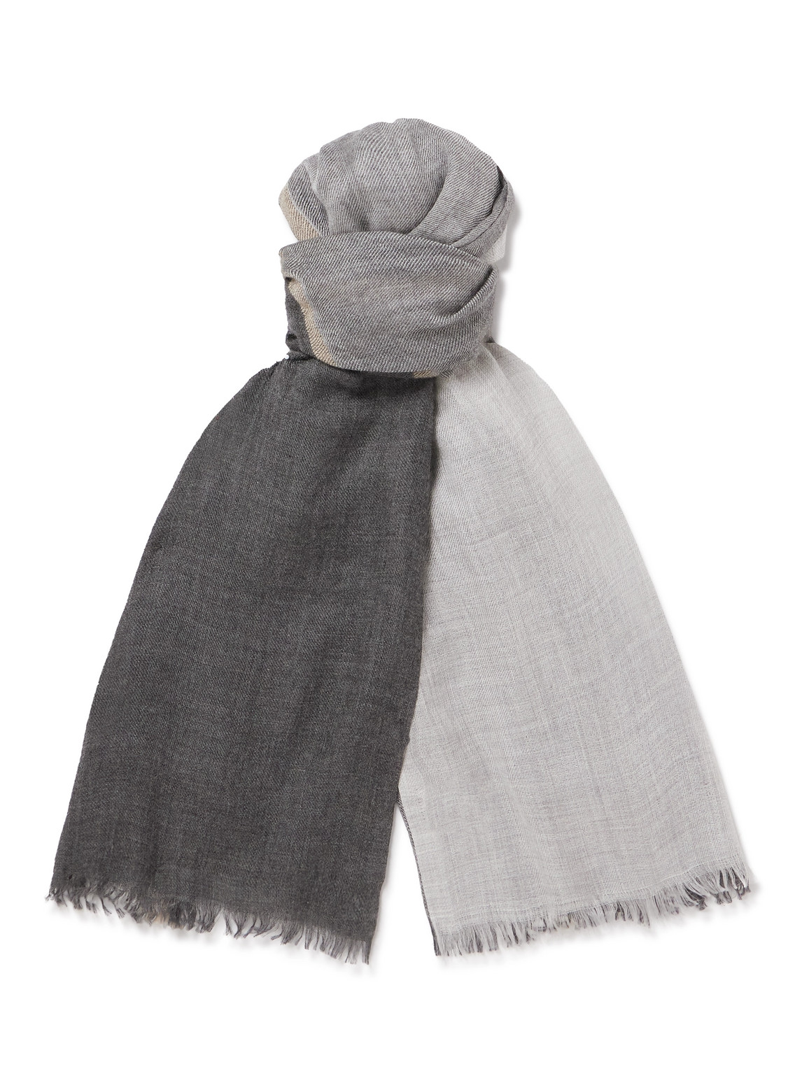 Brunello Cucinelli Fringed Striped Cashmere And Silk-blend Scarf In Gray