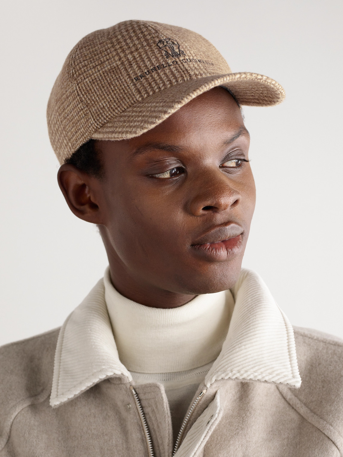 Brunello Cucinelli Checked Wool-blend Cap In Brown