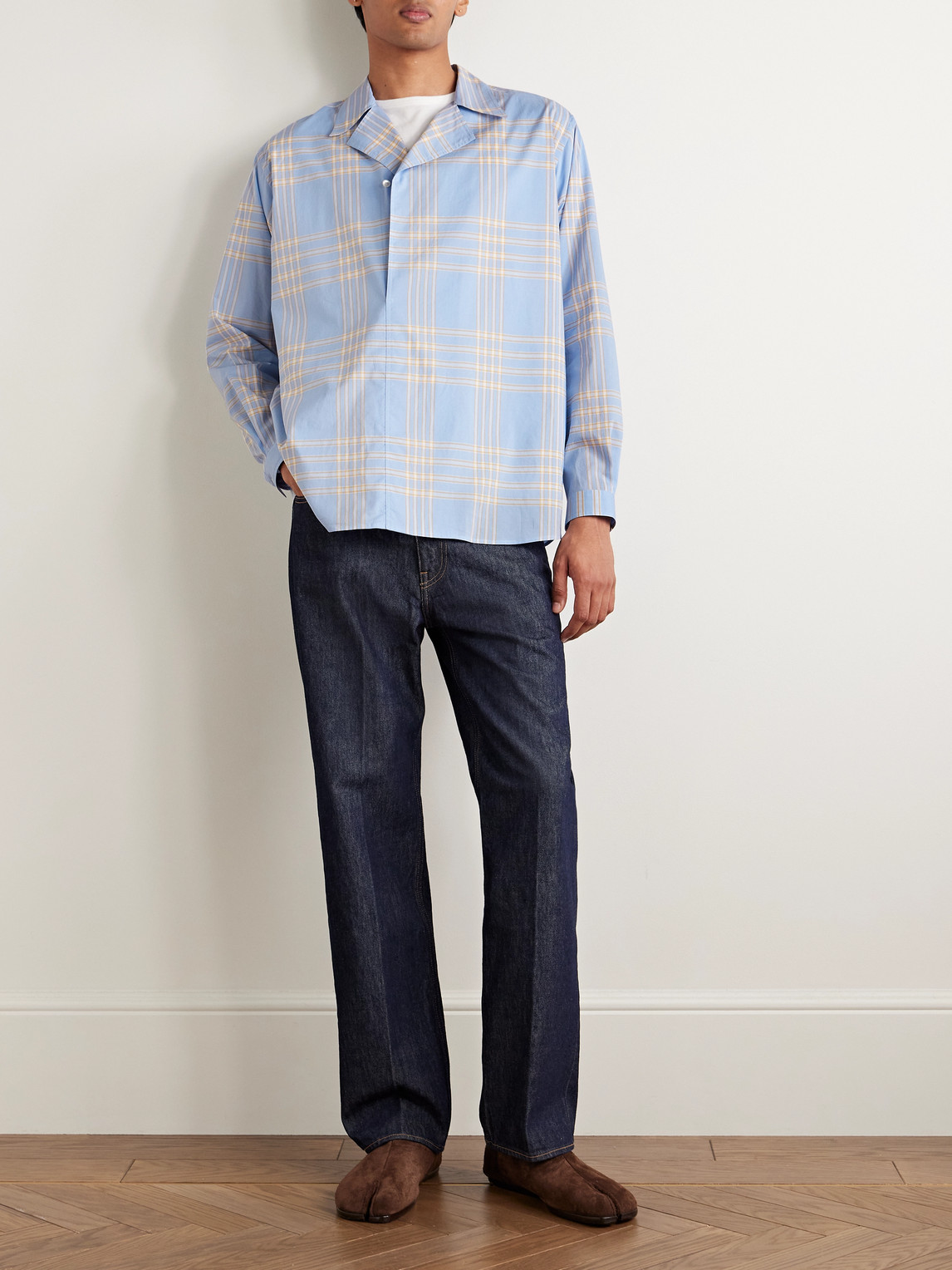 Auralee Camp-collar Checked Cotton Shirt In Blue