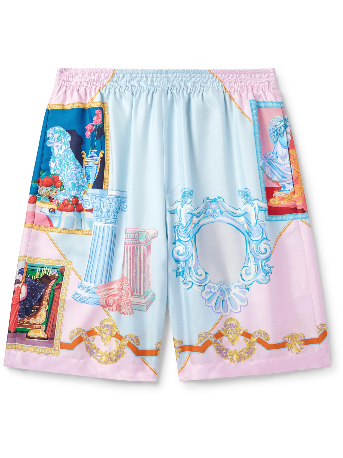 Versace Silk Twill Shorts With Vibrant Classical Motifs In Blue