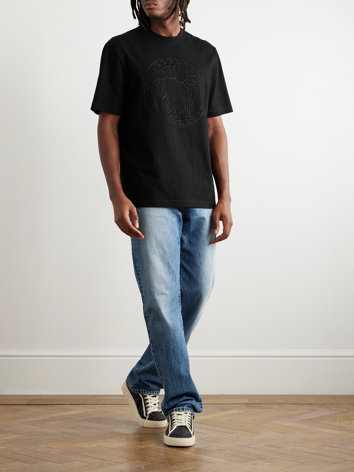 Versace Logo-embroidered Cotton-jersey T-shirt In Black