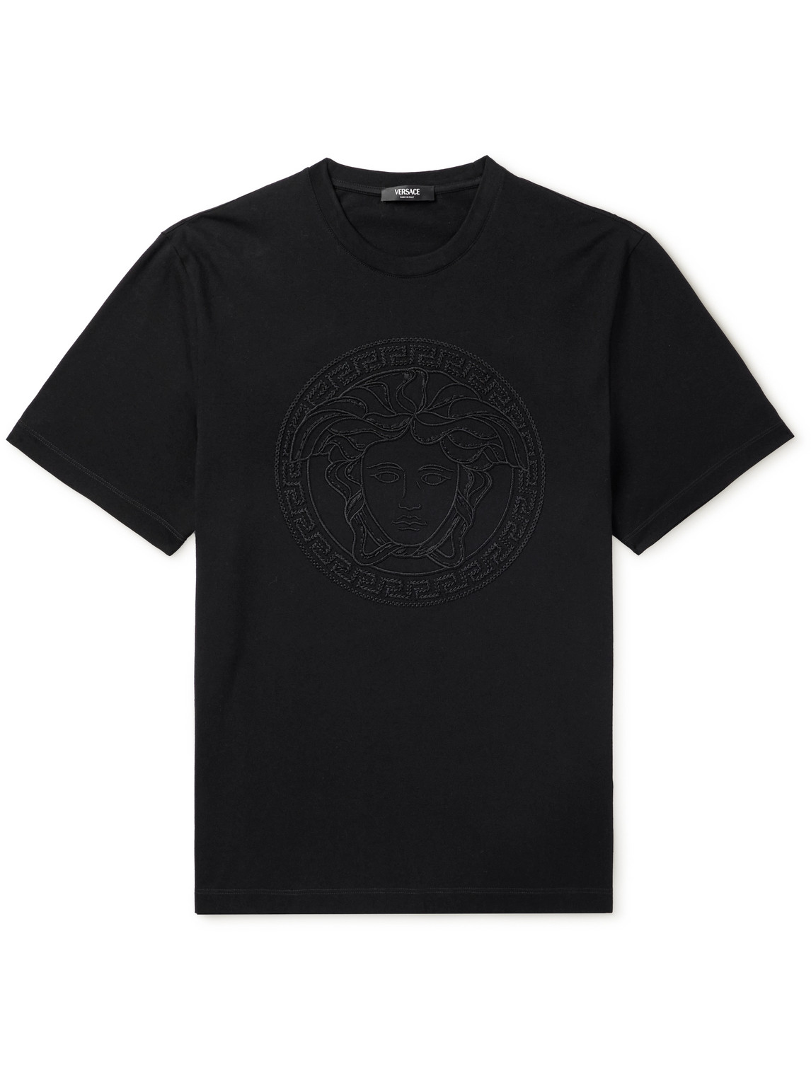 Versace Logo-embroidered Cotton-jersey T-shirt In Black