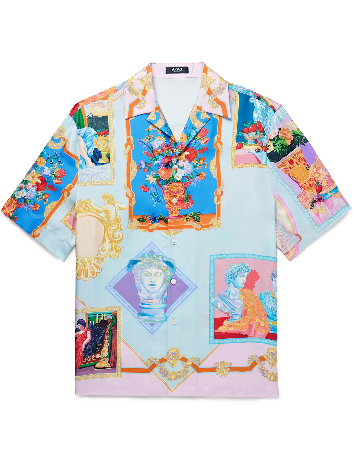 Versace Multicolored Silk Twill Short-sleeved Shirt With Artistic Motifs In Blue