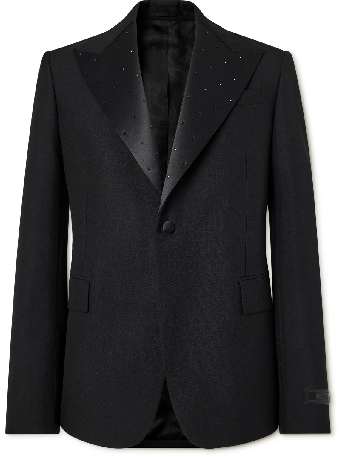 Versace Slim-fit Embellished Satin-trimmed Wool And Mohair-blend Tuxedo Jacket In Black