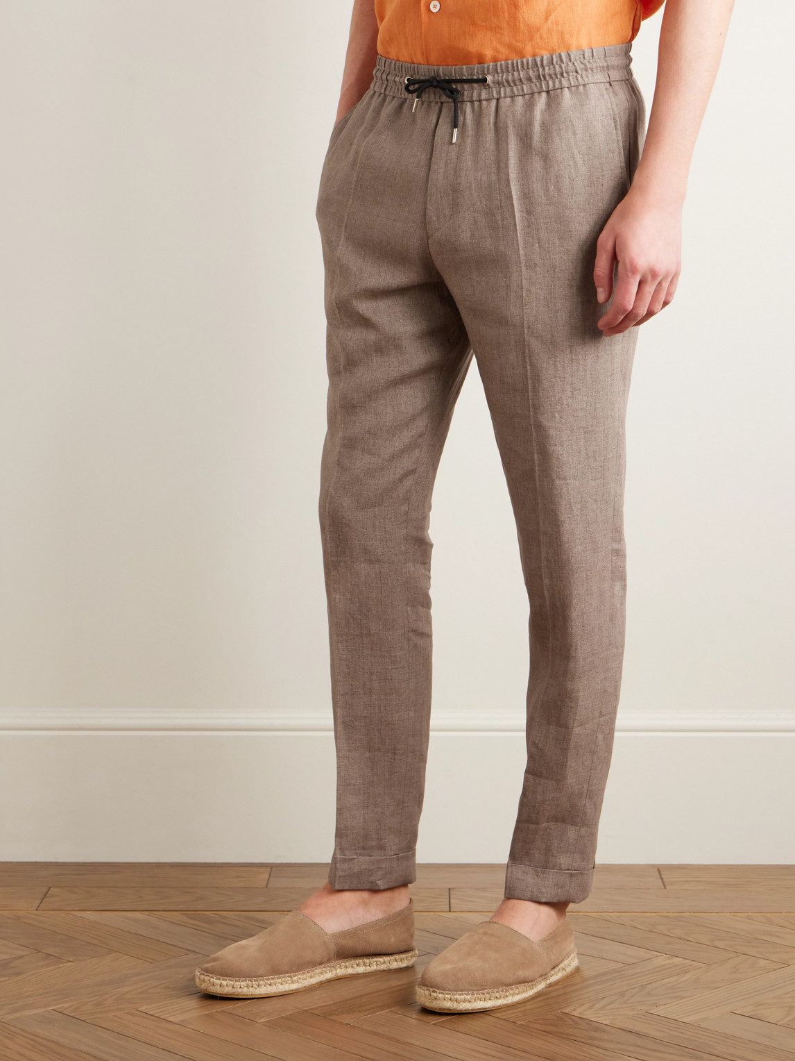 Paul Smith Tapered Linen Drawstring Trousers In Brown
