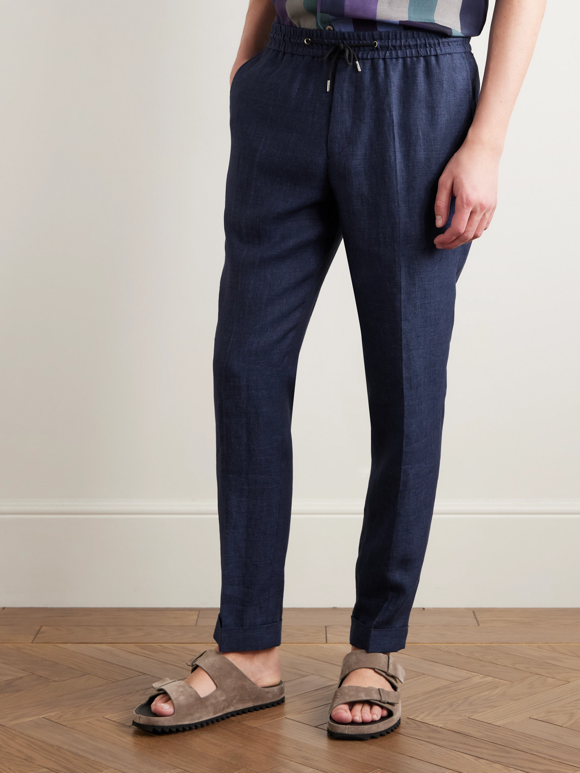 Shop Paul Smith Tapered Linen Drawstring Trousers In Blue