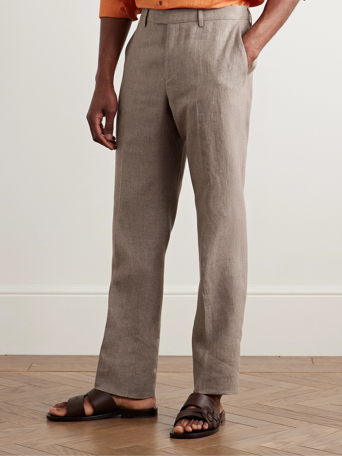 Paul Smith Slim-fit Tapered Linen Trousers In Brown
