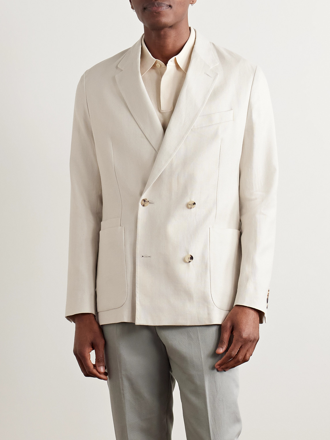 PAUL SMITH DOUBLE-BREASTED HERRINGBONE LINEN AND COTTON-BLEND BLAZER