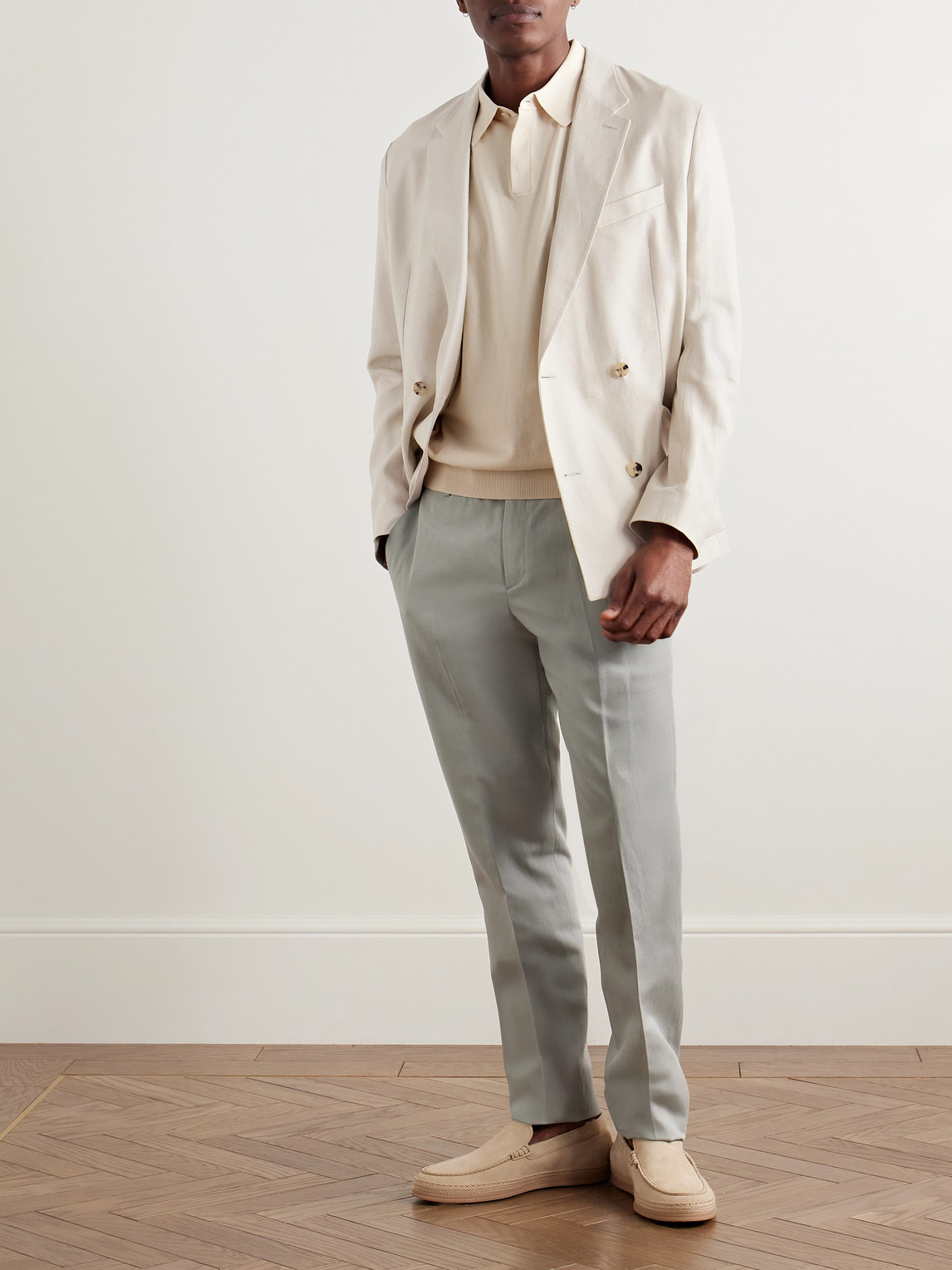 PAUL SMITH DOUBLE-BREASTED HERRINGBONE LINEN AND COTTON-BLEND BLAZER