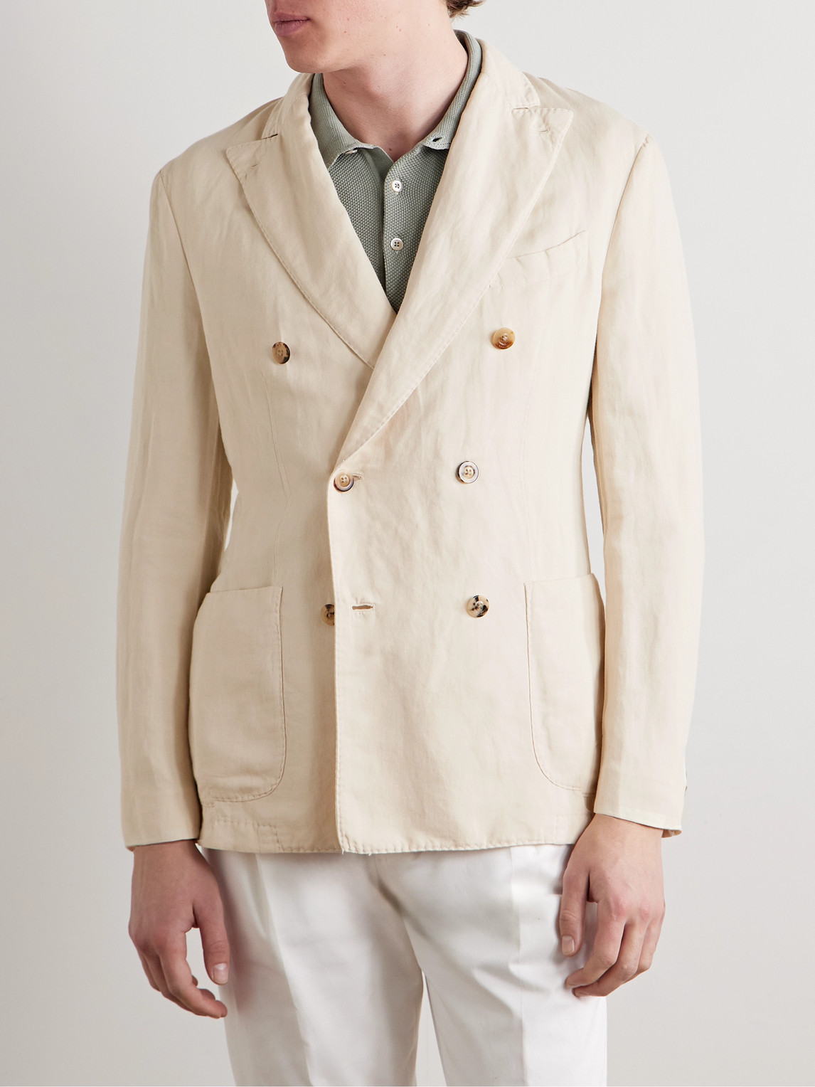 Boglioli Double-breasted Garment-dyed Cotton And Linen-blend Blazer In Neutrals