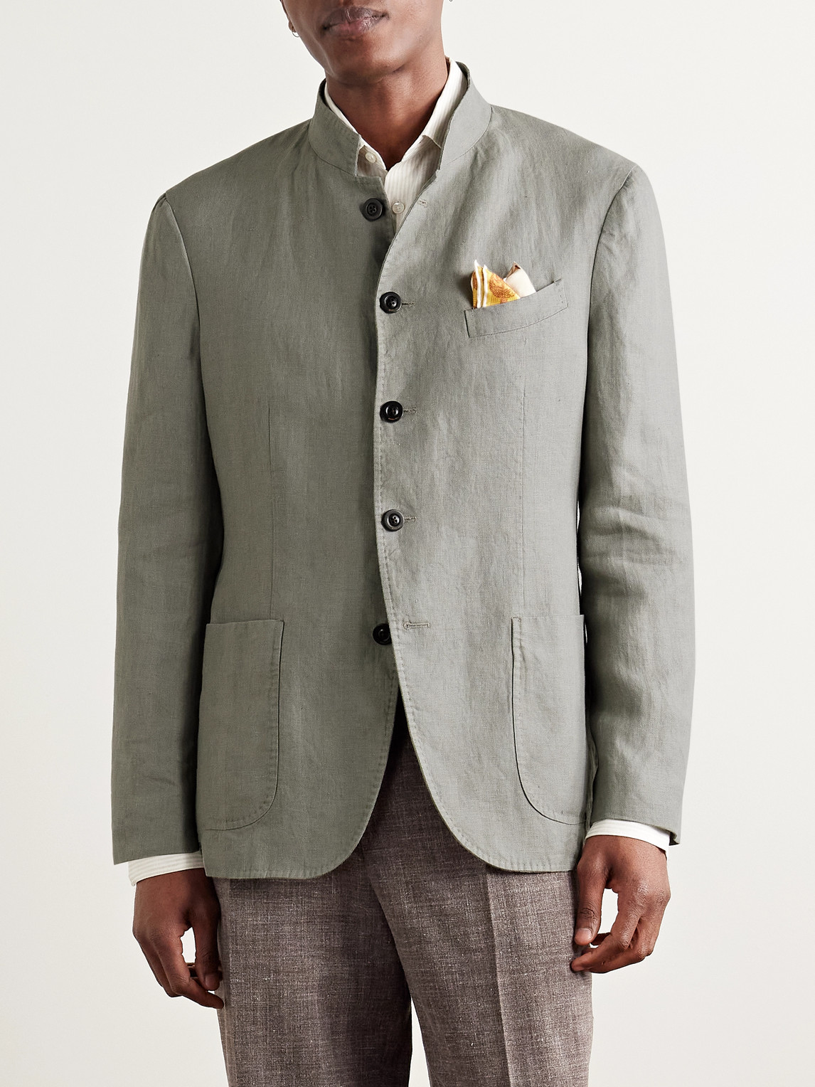 Boglioli Slim-fit Nehru-collar Herringbone Linen Jacket