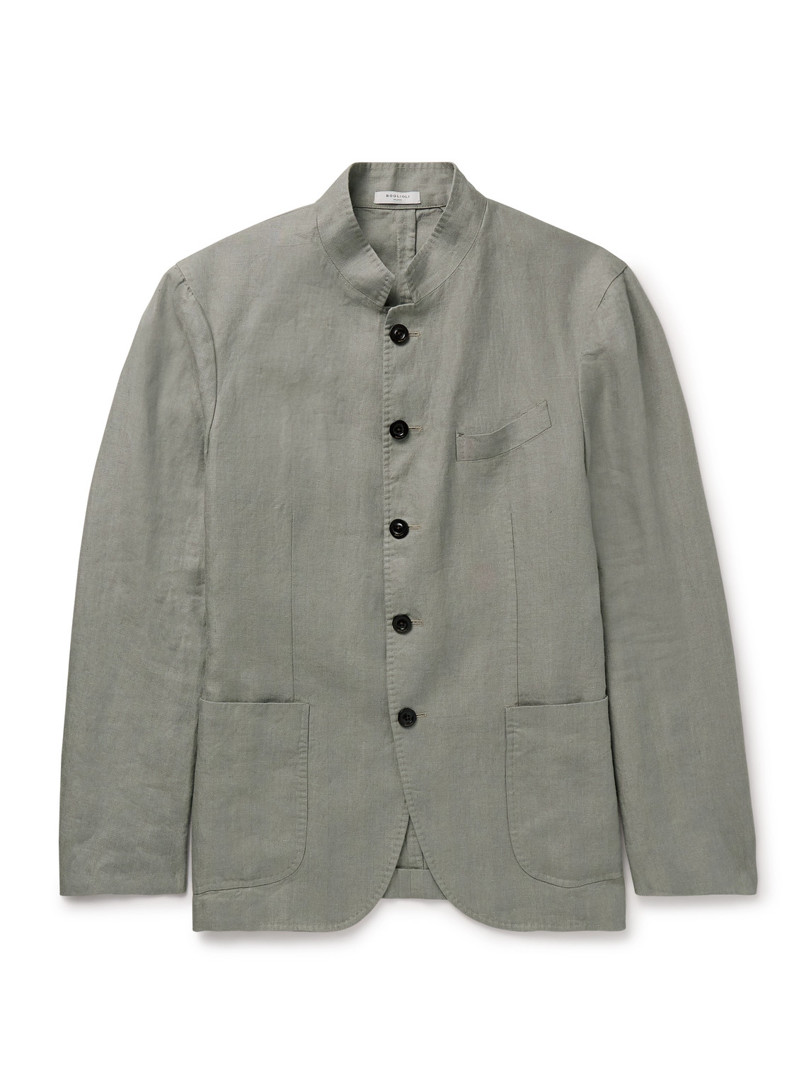 Boglioli Slim-fit Nehru-collar Herringbone Linen Jacket In Gray