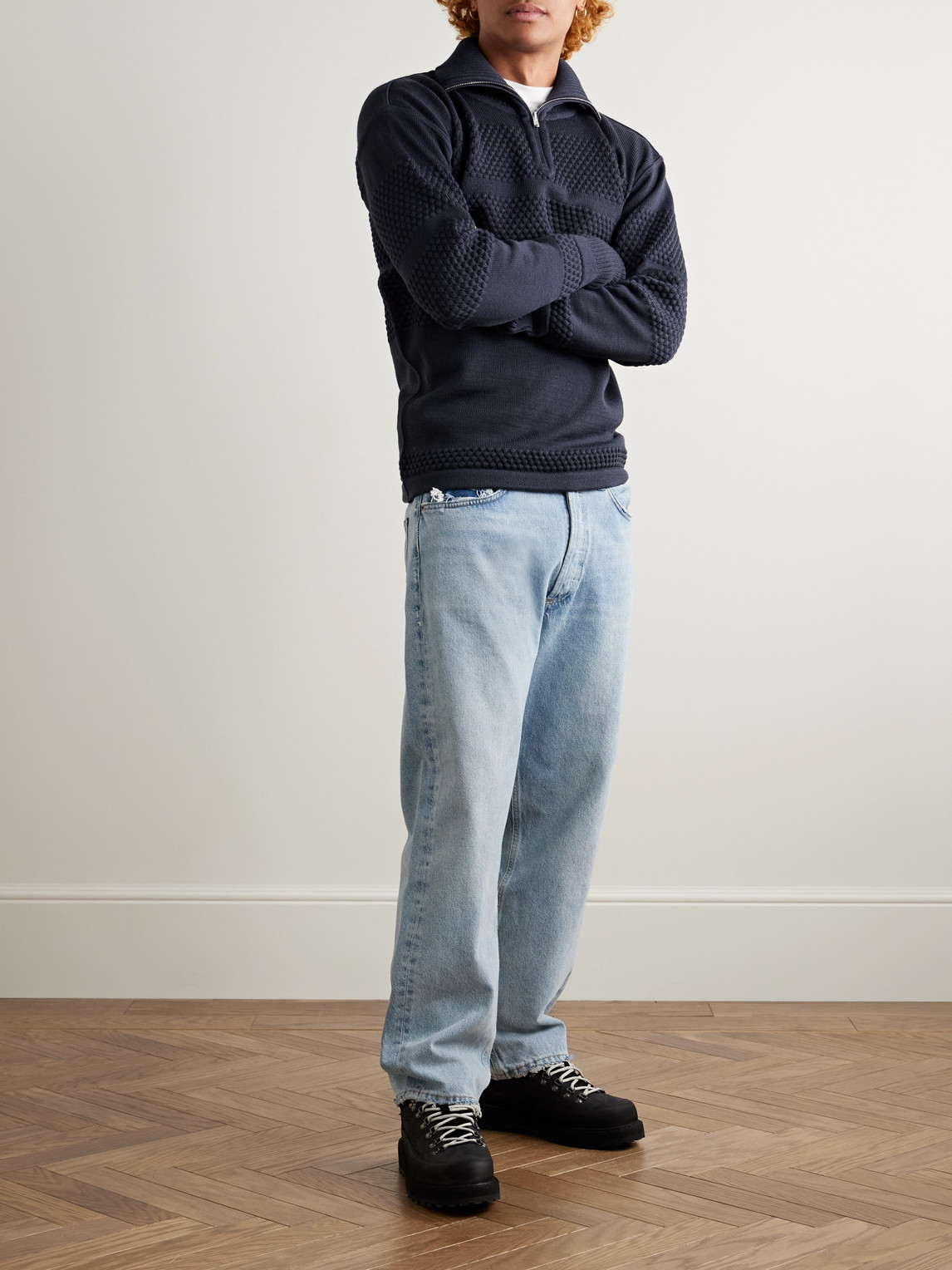 S.n.s Herning Fisherman Virgin Wool Half-zip Sweater In Blue