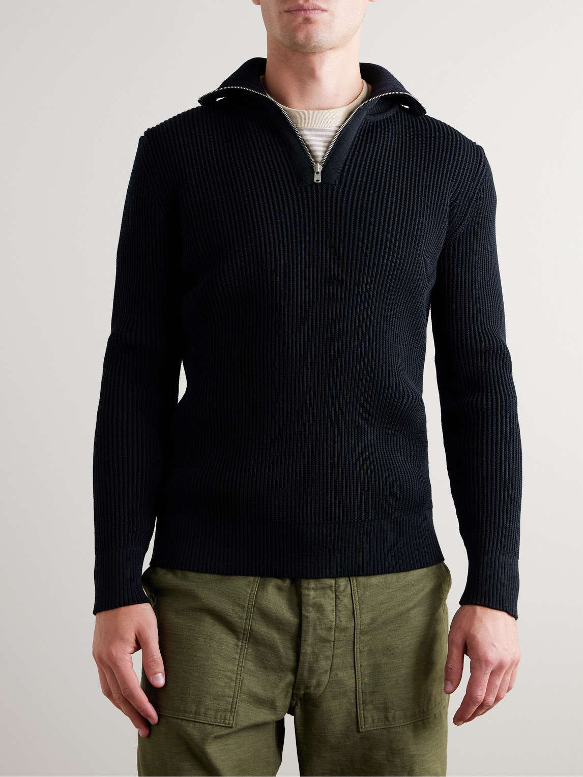 S.n.s Herning Fender Iii Ribbed Wool Half-zip Sweater In Blue