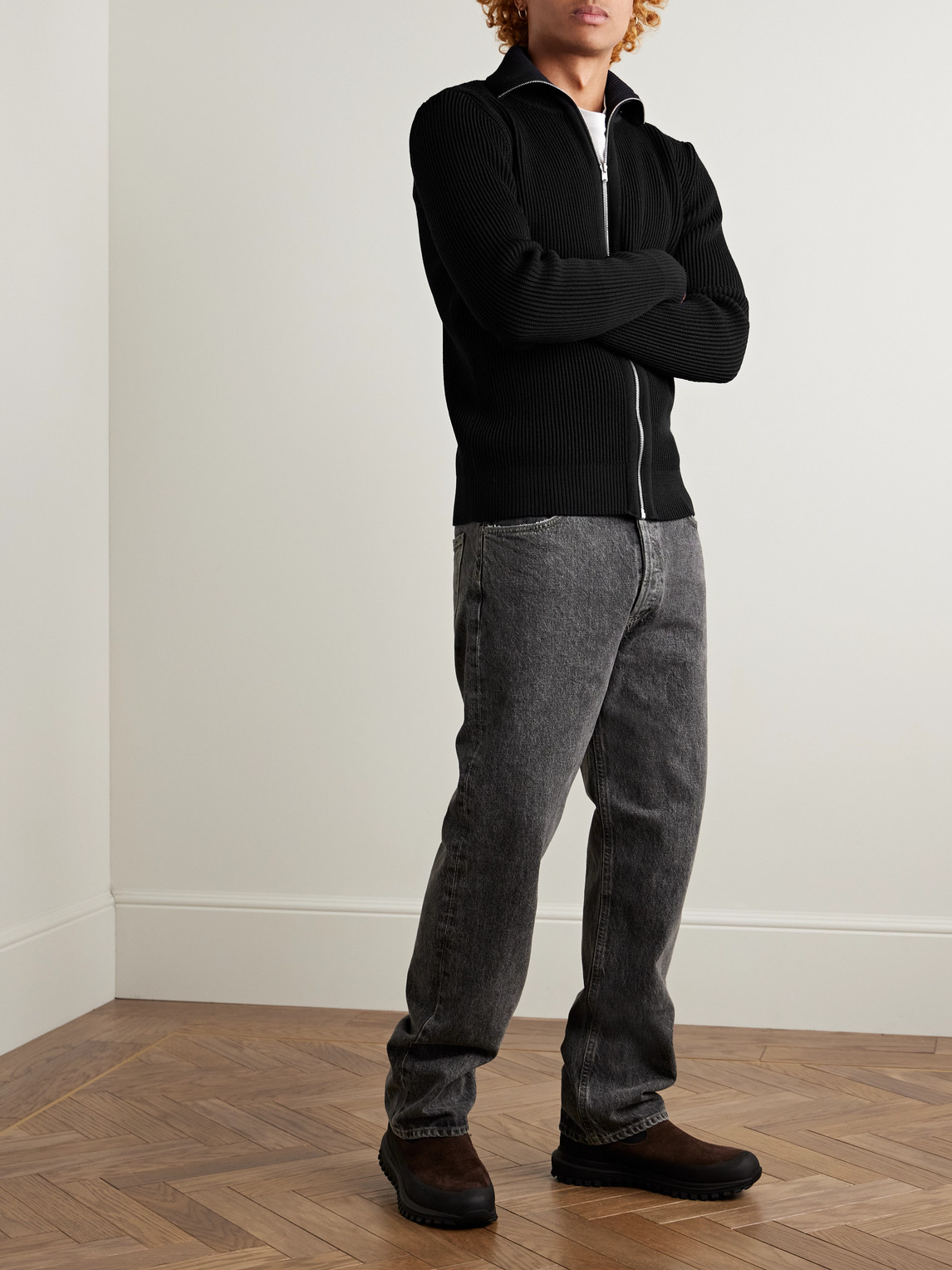 S.n.s Herning Fender Slim-fit Ribbed Virgin Wool Zip-up Cardigan In Blue