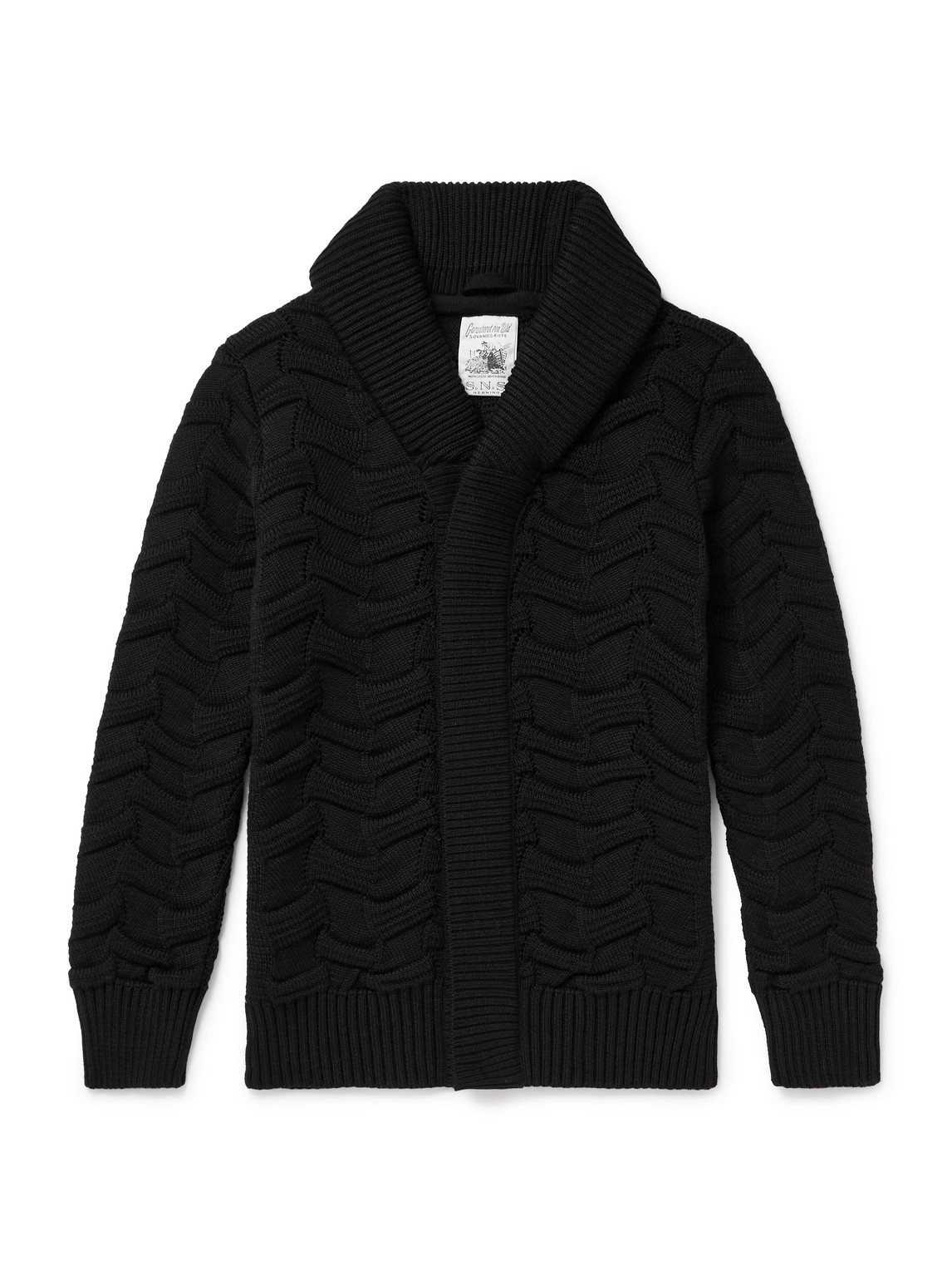 S.n.s Herning Epigon Iii Slim-fit Shawl-collar Textured Virgin Wool Cardigan In Black