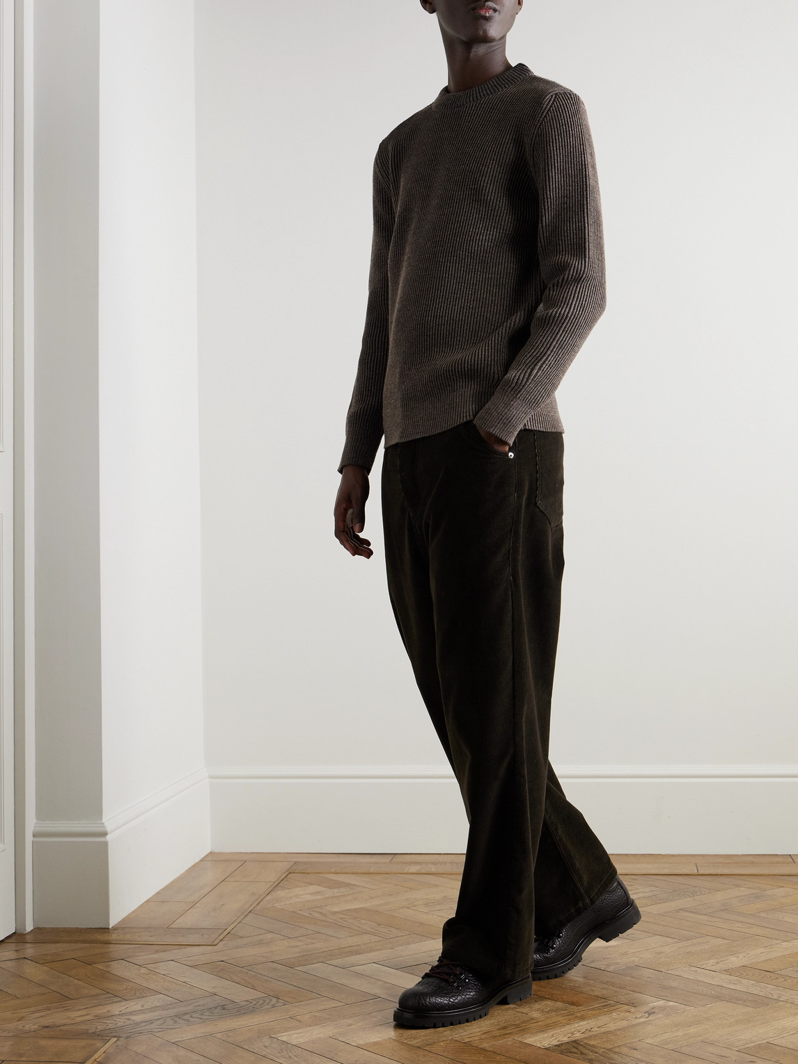S.n.s Herning Fender Iii Slim-fit Ribbed Virgin Wool Sweater In Brown