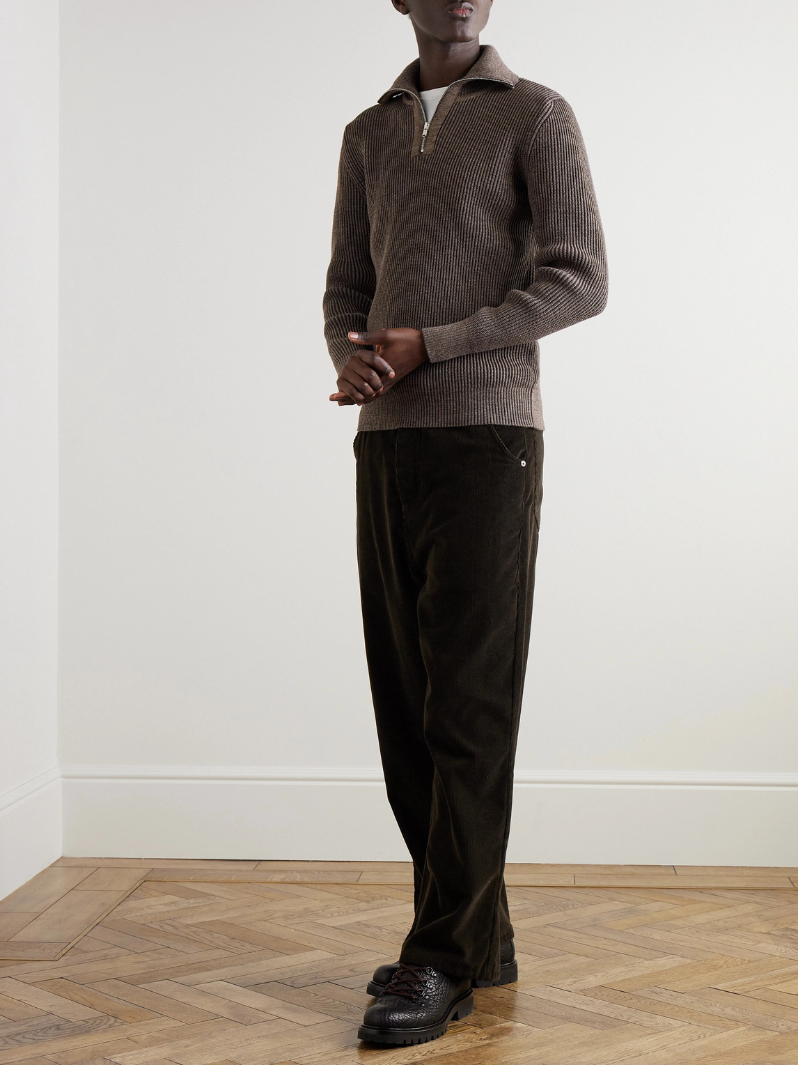 S.n.s Herning Fender Iii Ribbed Wool Half-zip Sweater In Neutrals