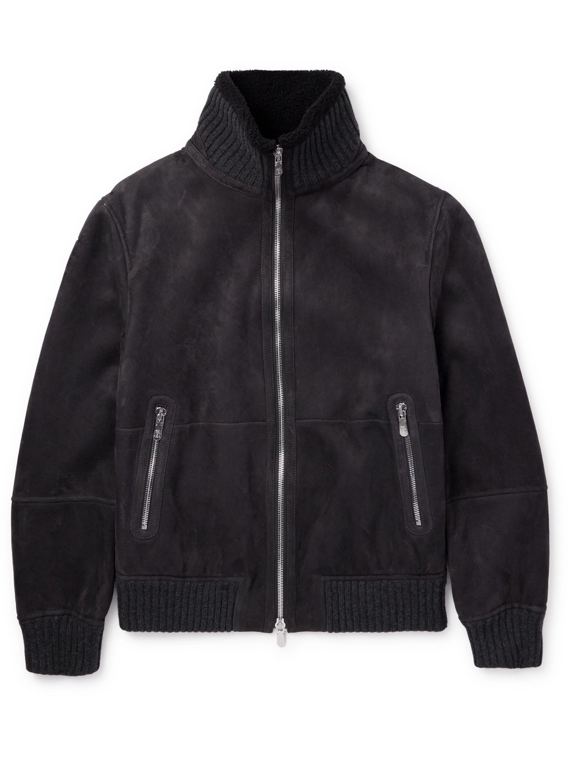 Ribbed Knit-Trimmed Shearling Bomber Jacket