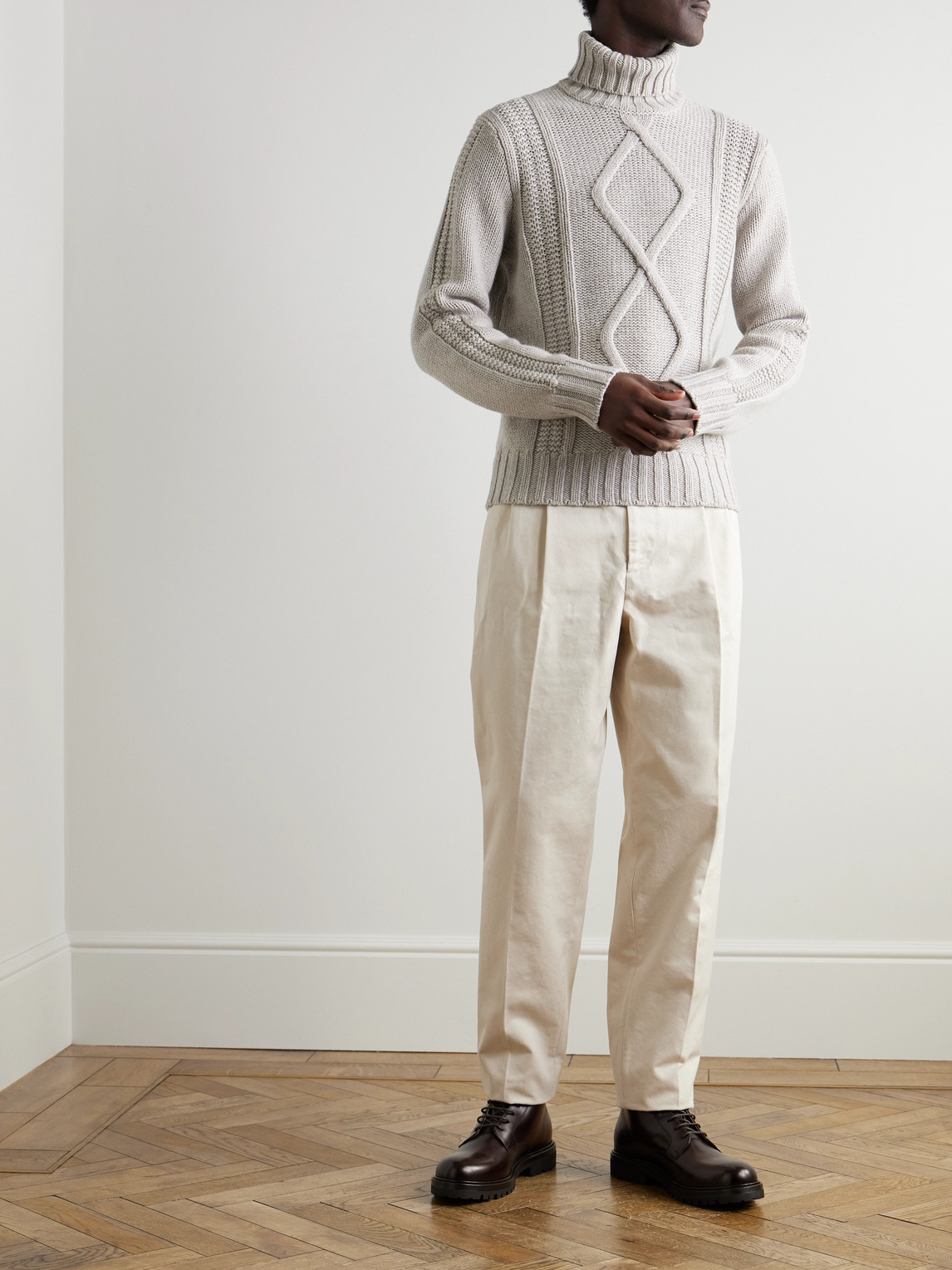 Brunello Cucinelli Cable-knit Cashmere Rollneck Sweater In Neutrals