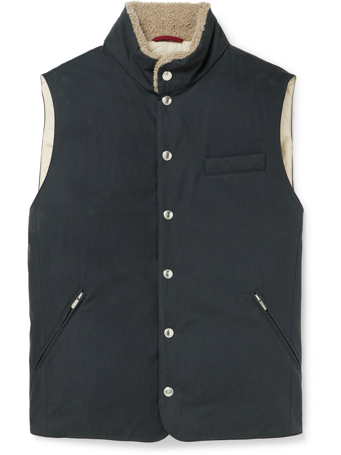 Brunello Cucinelli Shearling-trimmed Padded Cotton-blend Twill Down Gilet In Blue