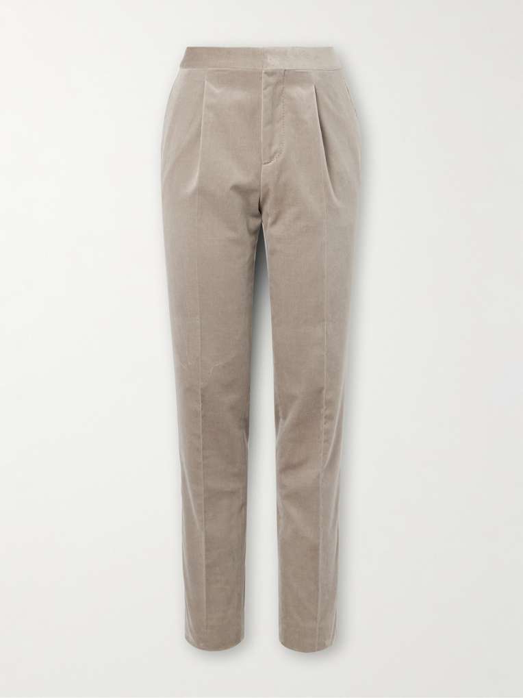 Brunello Cucinelli — Straight-Leg Pleated Satin-Trimmed Cotton-Velvet Tuxedo Trousers