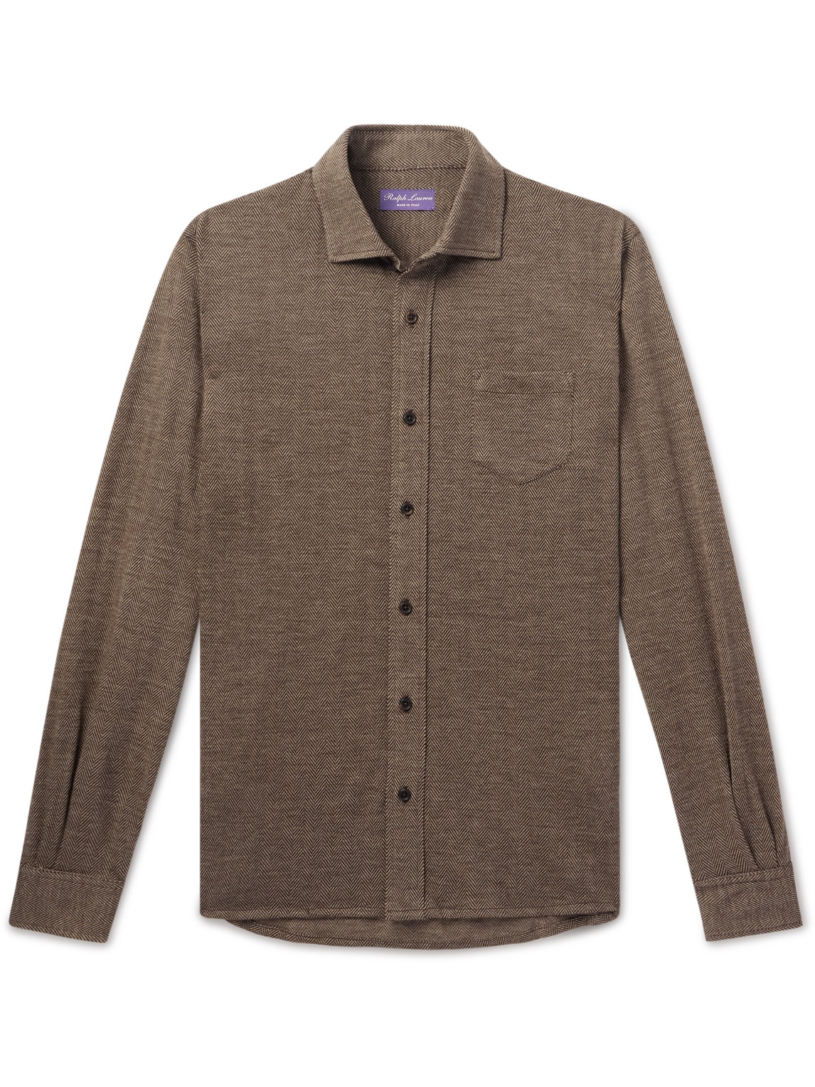 Ralph Lauren Cut-away Collar Herringbone Wool And Cotton-blend Shirt In Brown