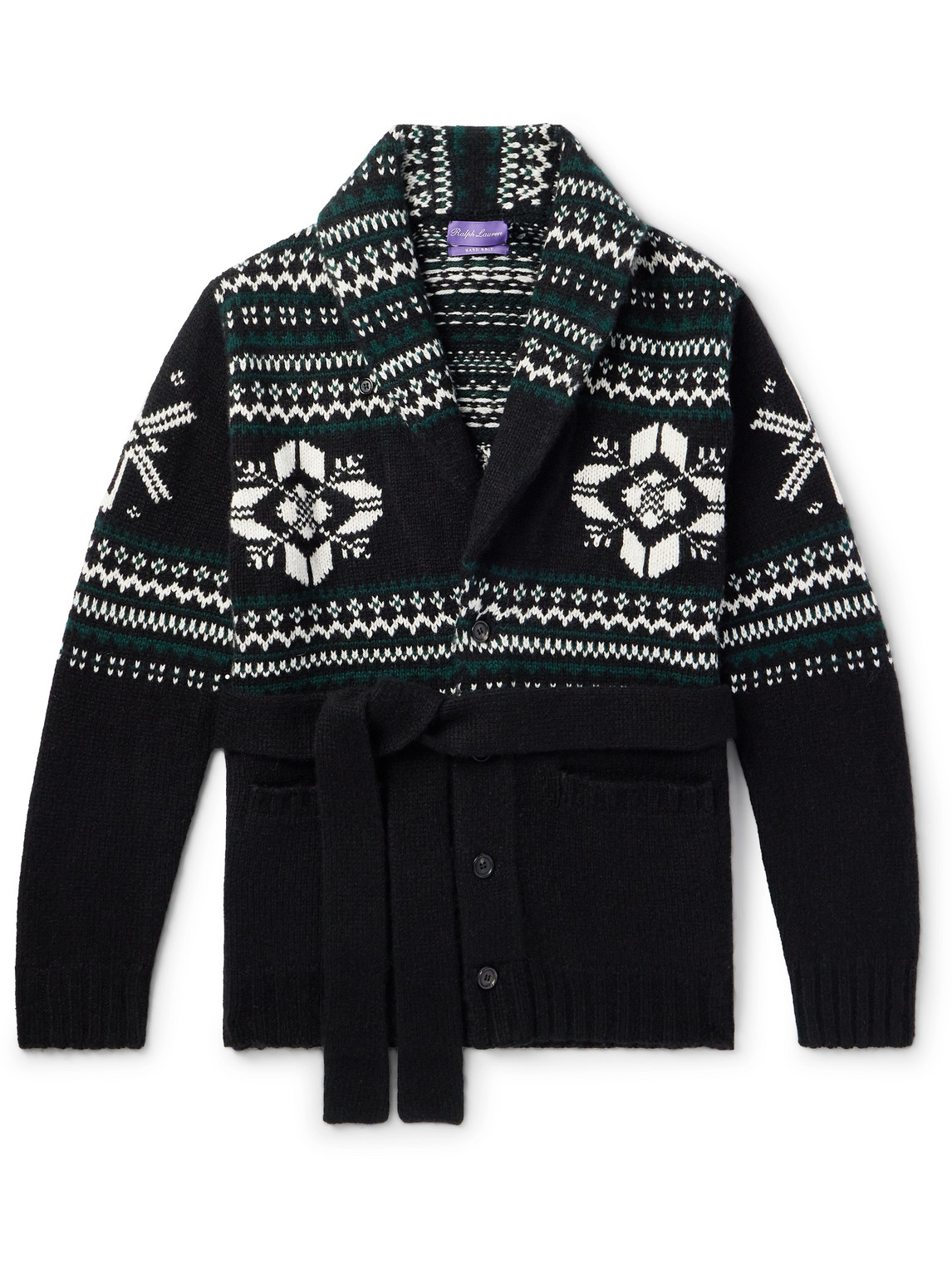Shawl-Collar Belted Jacquard-Knit Cashmere Cardigan