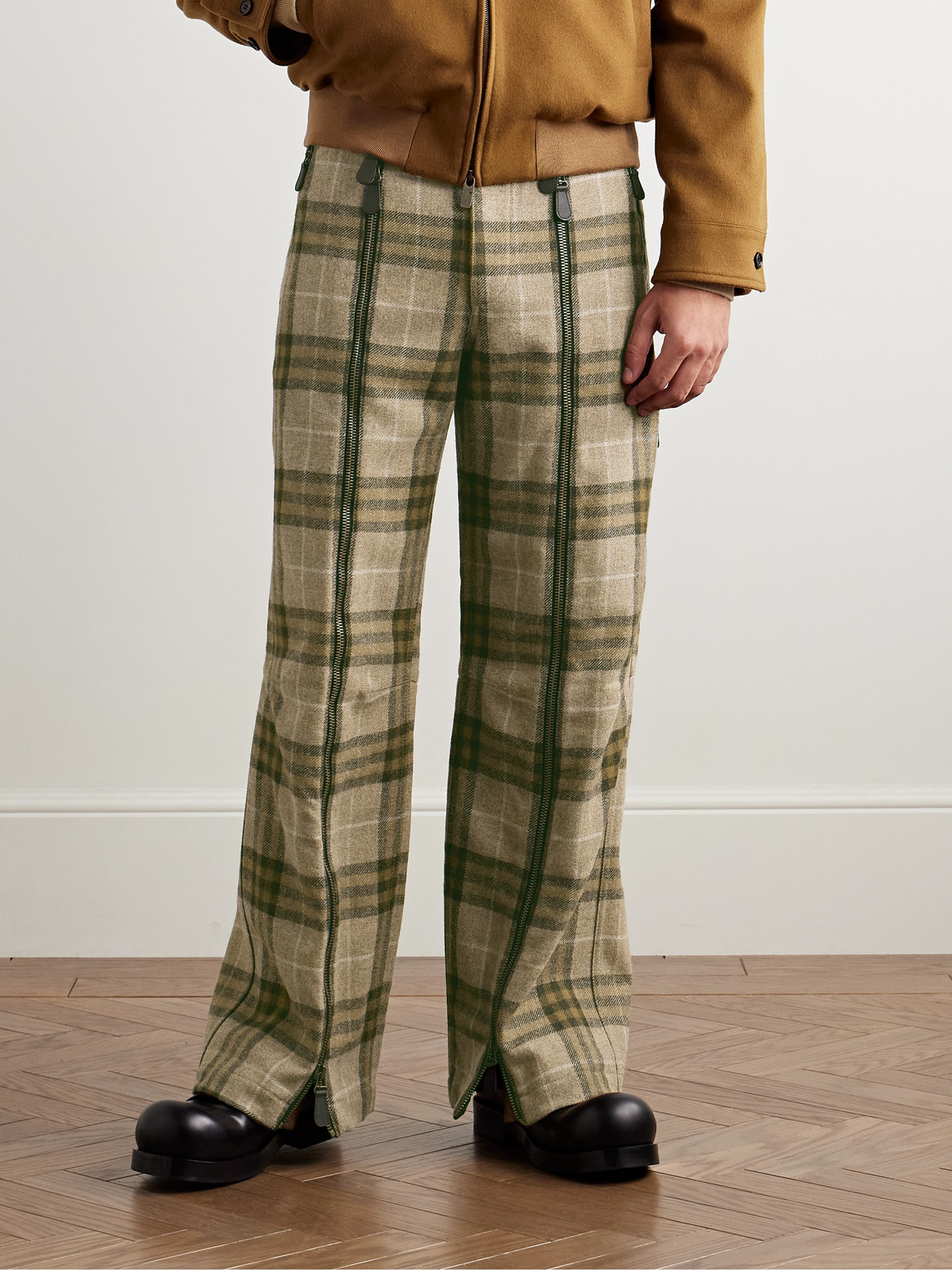 Burberry Straight-leg Zip-detailed Checked Wool Trousers In Green