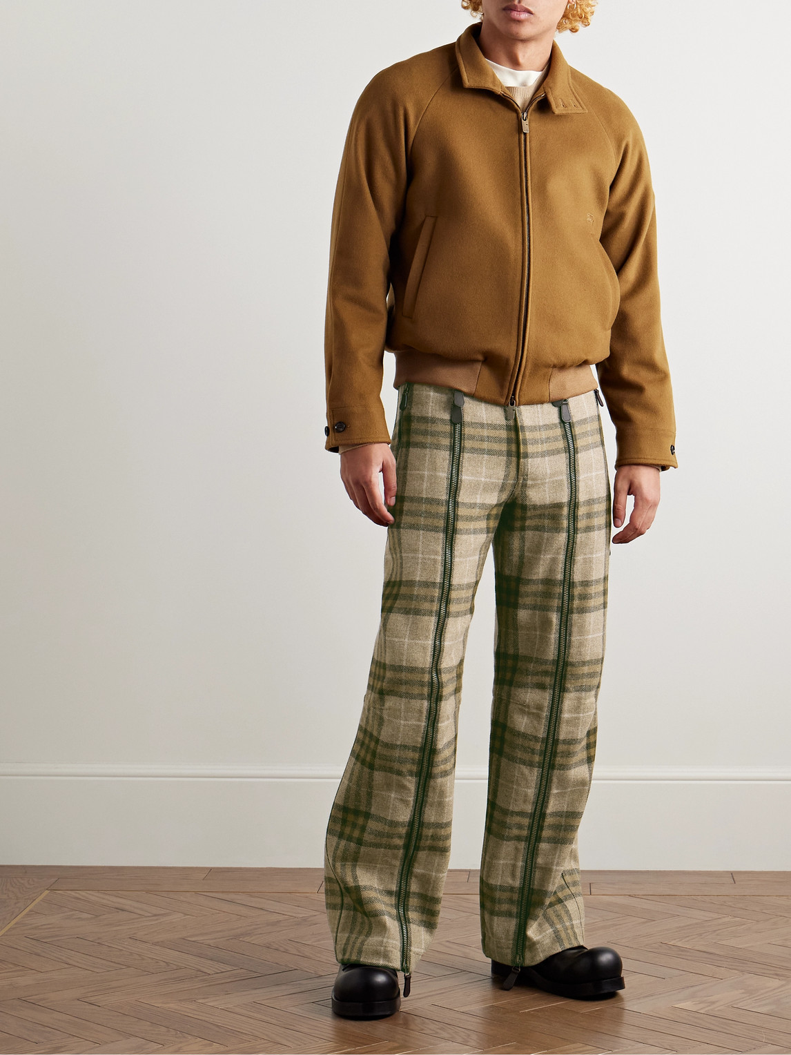 Burberry Straight-leg Zip-detailed Checked Wool Trousers In Green