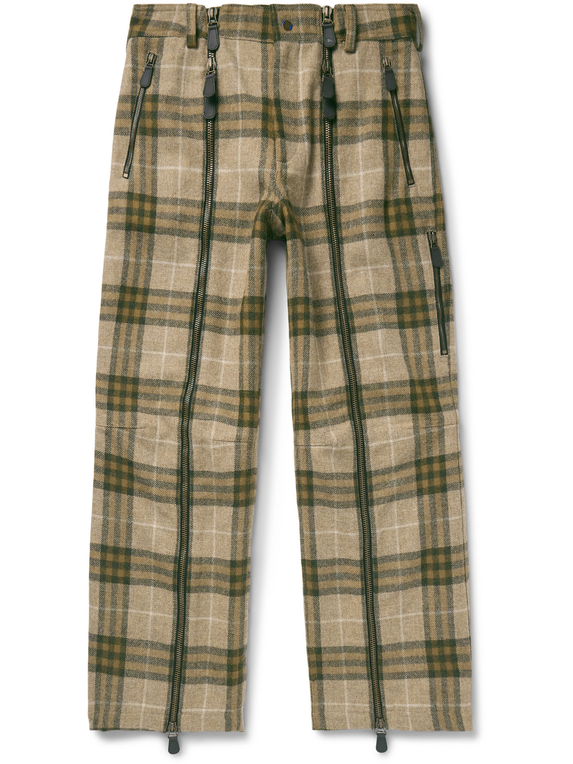 Burberry Straight-leg Zip-detailed Checked Wool Trousers In Green